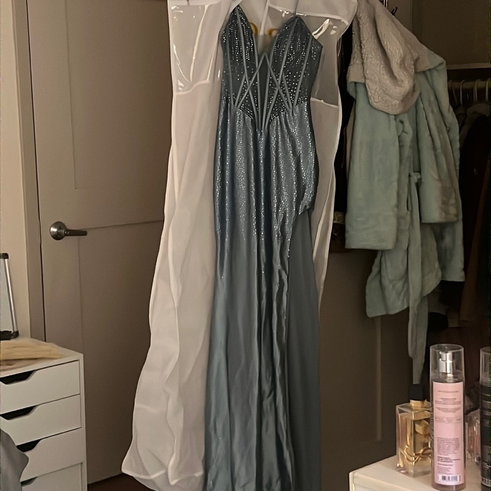 light blue strapless satin dress with a slit, gems, and semi-sheer top!